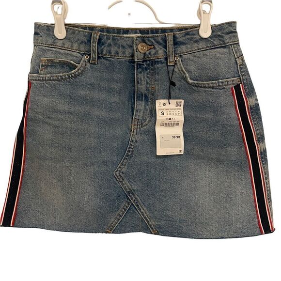Zara Basics Denim Side Stripe Mini Skirt Sz S - Picture 1 of 9